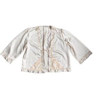 Vtg Iris Satin Jacket Womens L Lace Kimono Ivory Coquette Ruffle Union Tie Bow